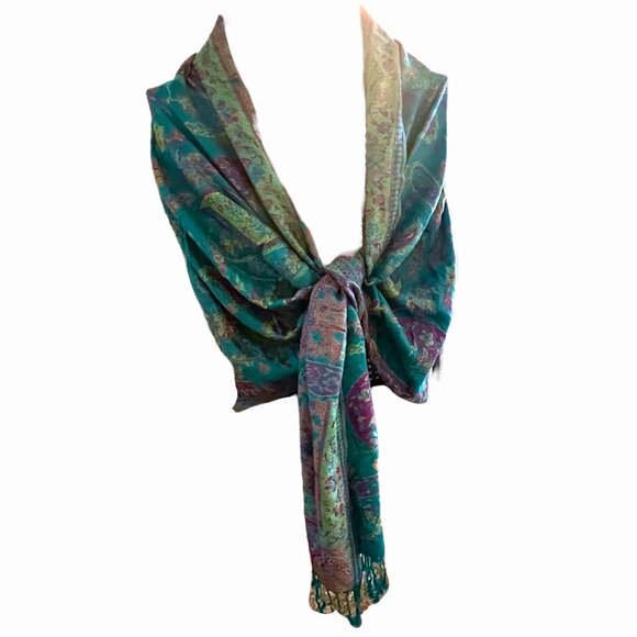Pashmina Silk Blend Fringed Vibrant Aqua Fuchsia Paisley Scarf Shawl Wrap - Picture 10 of 11